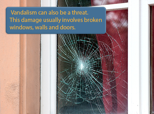 Vandalism can also be a threat. This damage usually involves broken windows, walls, & doors.